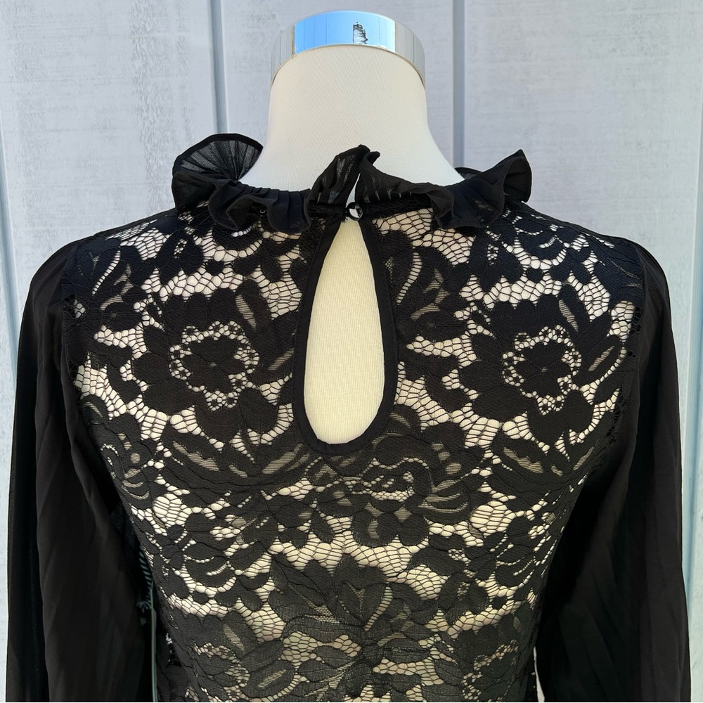 Story On Pleated Sleeve Lace Blouse Top Sheer Black See-Through - Picture 5 of 11